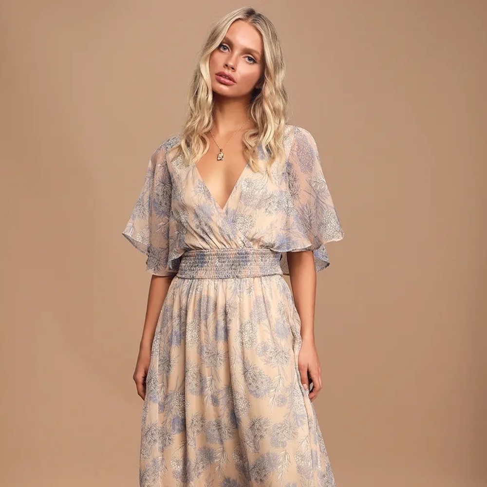 Subtle Romance Beige Floral Ruffle Midi Dress